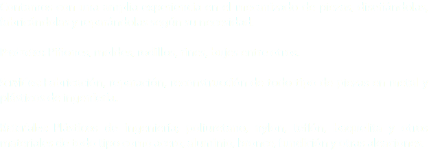 Contamos con una amplia experiencia en el mecanizado de piezas, diseñándolas, fabricándolas y reparándolas según su necesidad. Productos: Piñones, moldes, rodillos, rines, bujes entre otros. Servicios: Fabricación, reparación, reconstrucción de todo tipo de piezas en metal y plásticos de ingeniería. Materiales: Plásticos de ingeniería; poliuretano, nylon, teflón, baquelita y otros materiales de todo tipo como acero, aluminio, bronce, fundición y otras aleaciones.